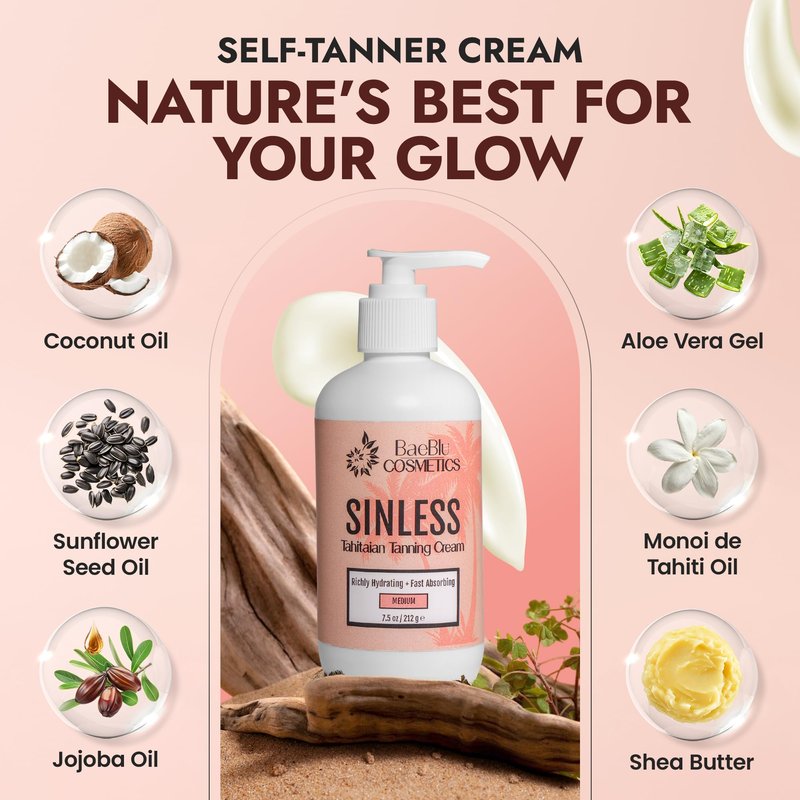 BaeBlu - Sinless Tahitian Self Tan Lotion - Sunless Tanning Lotion with Hydrating Monoi de Tahiti & Coconut Oils for Streak-Free, Golden Tan - No Orange, No Synthetic Fragrance - Vegan & Cruelty-Free