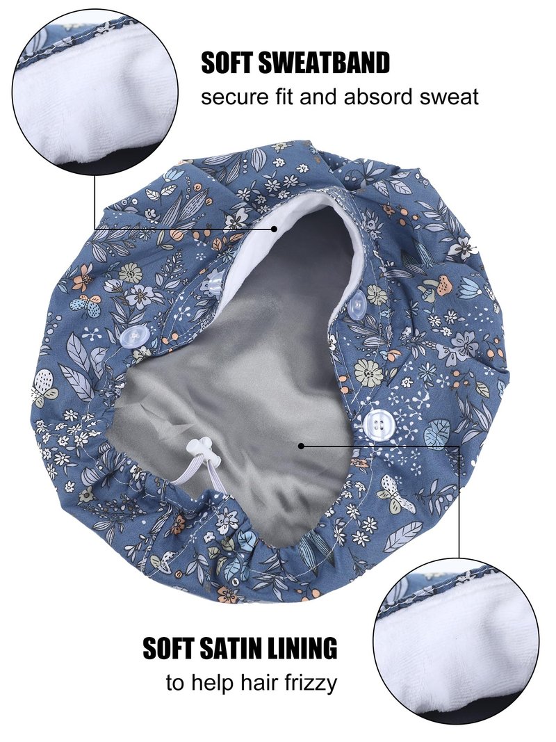 Floraltop 6 Pcs Satin Lined Scrub Caps Women Nurse Surgical Hat with Buttons Ponytail Working Adjustable Pouch Tie Back(Classic Style)