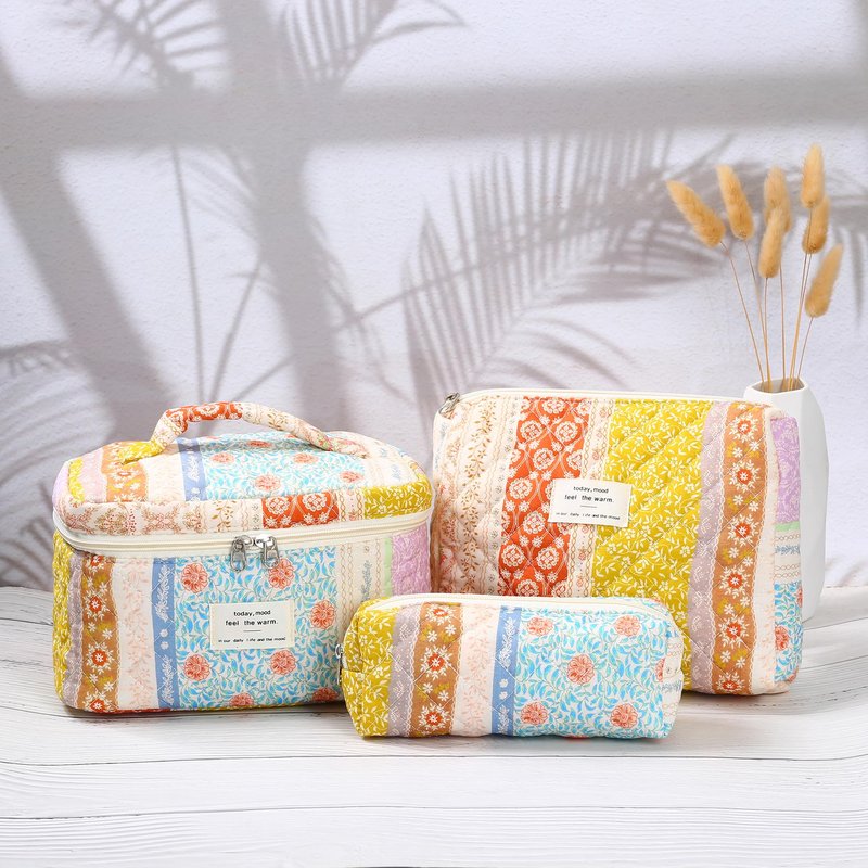 Dvehdbay 3Pcs Quilted Makeup Bag - Cotton Large Floral Makeup Bag, Travel Cosmetic Bag Cute Flower Aesthetic Floral Toiletry Organizer Bag Set for Women (08Yellow-Red)
