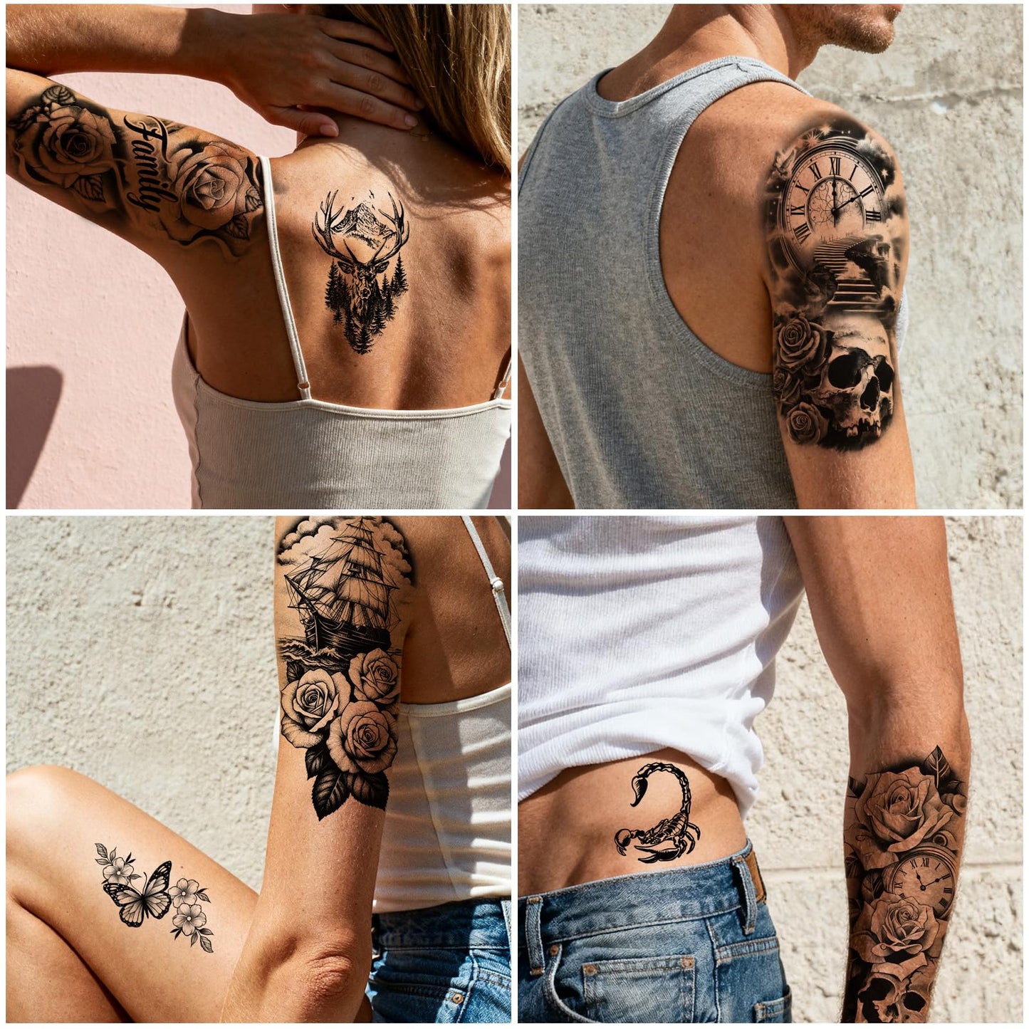 92 Sheets Temporary Tattoo, 17 Sheet Half Arm Lion Wolf Tiger Dragon Butterfly Rose Fake Tattoos for Women Men, 75 Sheet Realistic Tiny Tattoos Stickers for Adult Body Chest Neck Hand