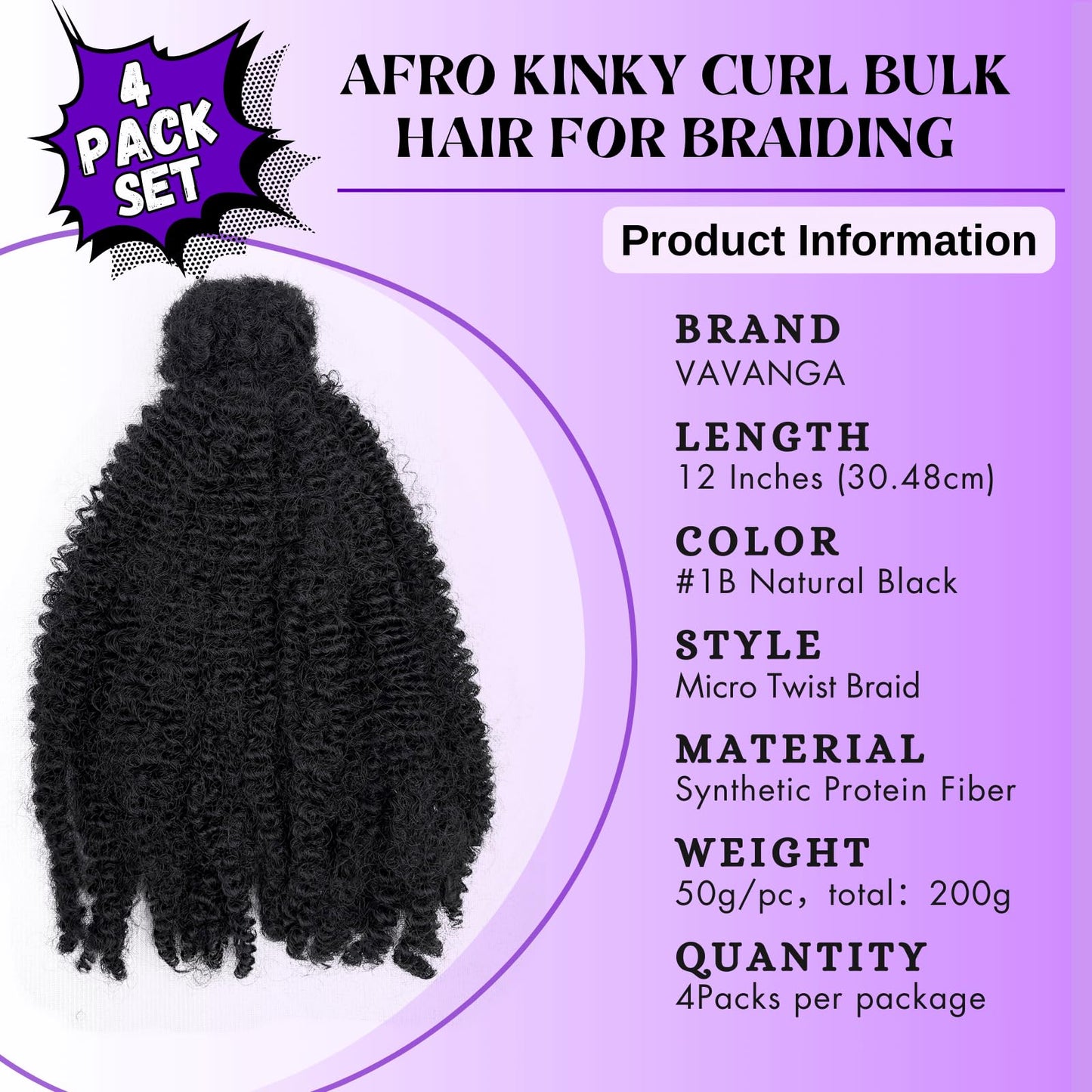 12inch Afro Kinky Bulk Hair for Micro Twist Braiding Hair, Synthetic Mini Spring Twist Curl 4 Packs 200 Gram, Natural Black 4C Afro Curly Hair Dreadlocks Extensions Repair Locs for Women(12", #1B)