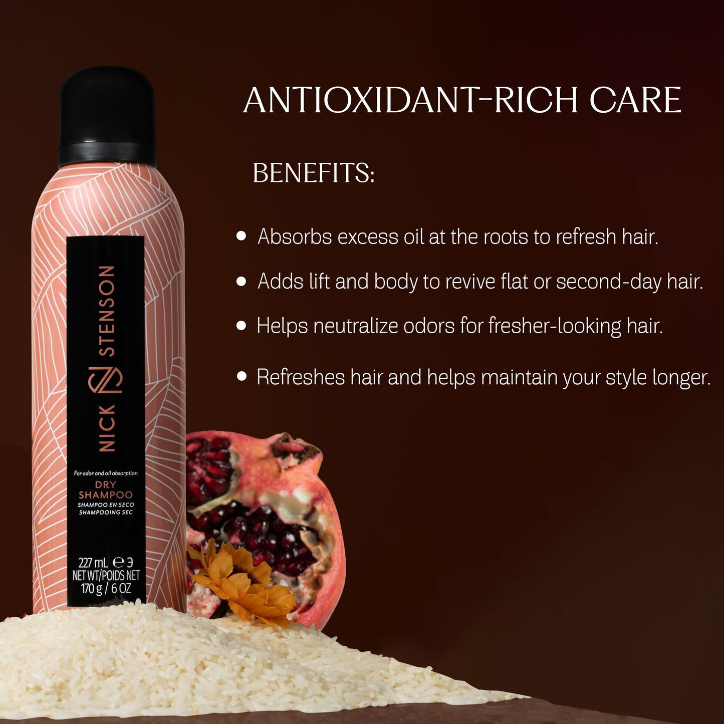 Nick Stenson Dry Shampoo, Cleanses & Volumizes the Hair While Repairing, Protecting & Enhancing - Absorbs Oil & Odor, Repairs & Refreshes - Cruelty Free, Color-Safe Vegan, BPA-Free - 6 oz
