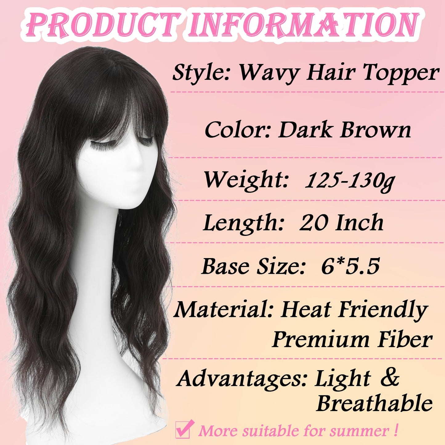 LEDIZE Hair Toppers for Women, 20 Inch Hand Tied Breathable Toppers Hairpieces for Women with Thinning Crown Wispy Bangs Mix Human Hair Wavy Curly Lightweight Wiglets (Dark Brown, Wispy Bangs)