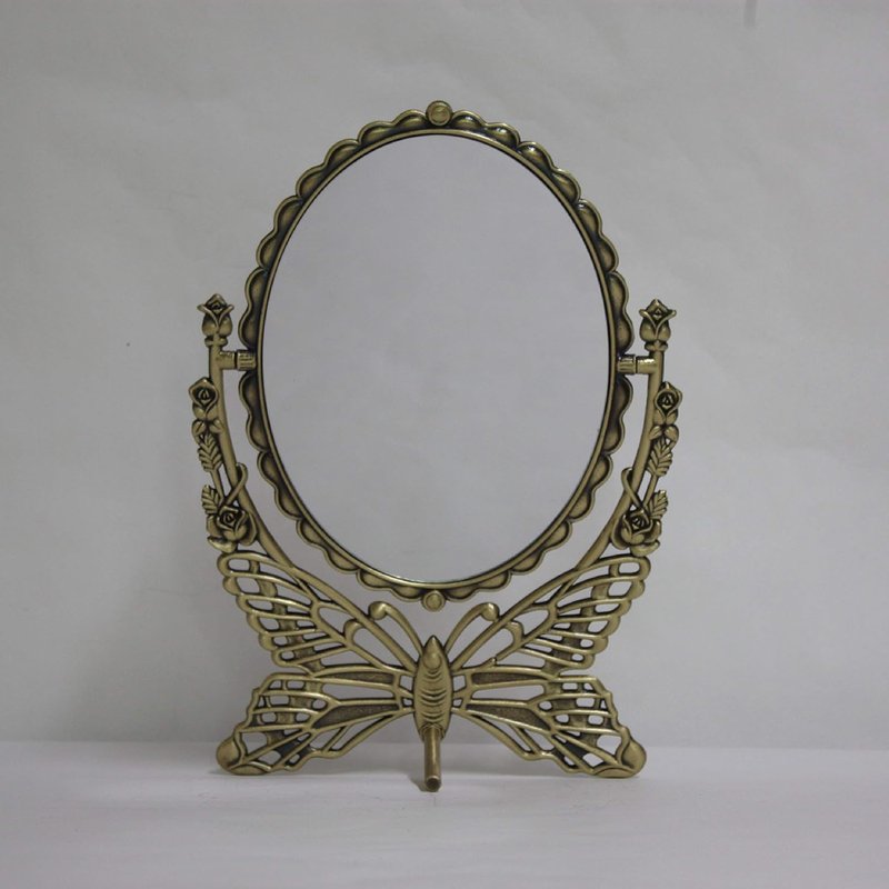 Vintage Antique Butterfly Patterned Makeup Table Mirror - Double-Sided Rotatable Oval Design | Large Brass Finish