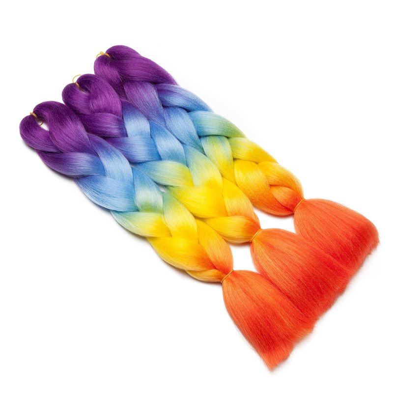 Ombre Jumbo Braid Hair Extensions - 24 Inch Rainbow Box Braids | High-Temperature Synthetic Fiber, 4 Tones Purple, Blue, Yellow, Orange, 5 Bundles