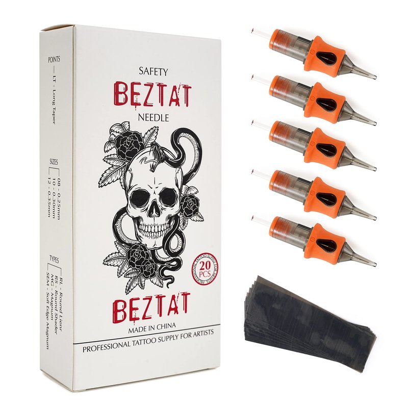 BEZTAT Ultra Premium Professional Tattoo Needles Cartridge w/Grip & Machine Covers Sleeves #08 Round Liner 20 Pack (0811RL)