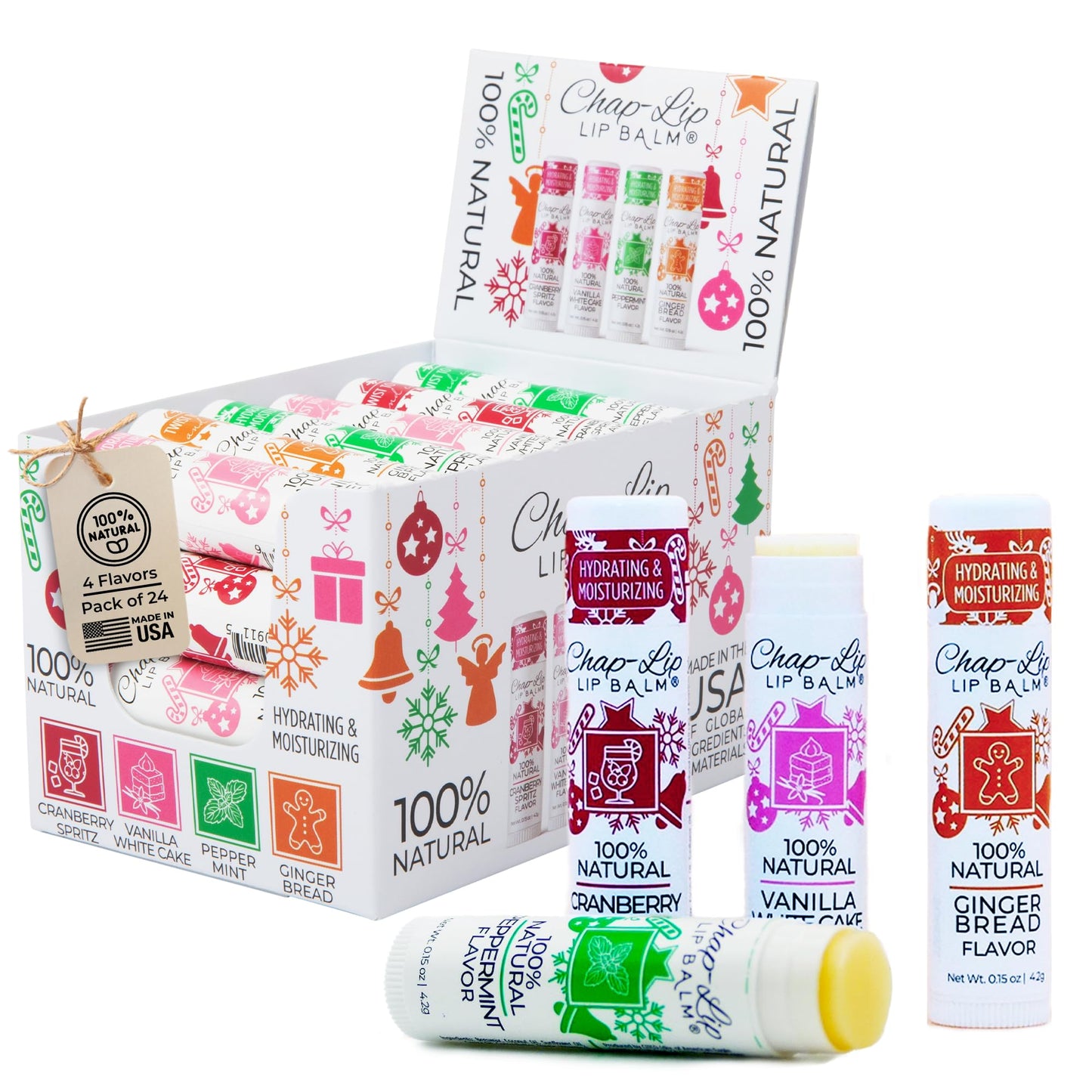 Chap-Lip Lip Balm 100% Natural Lip Balm Set - Beeswax Natural Christmas Gifts for Her - Lip Moisturizer for Dry Lips, Cocoa Butter - Petroleum Free, 24 Count, 2 Pack
