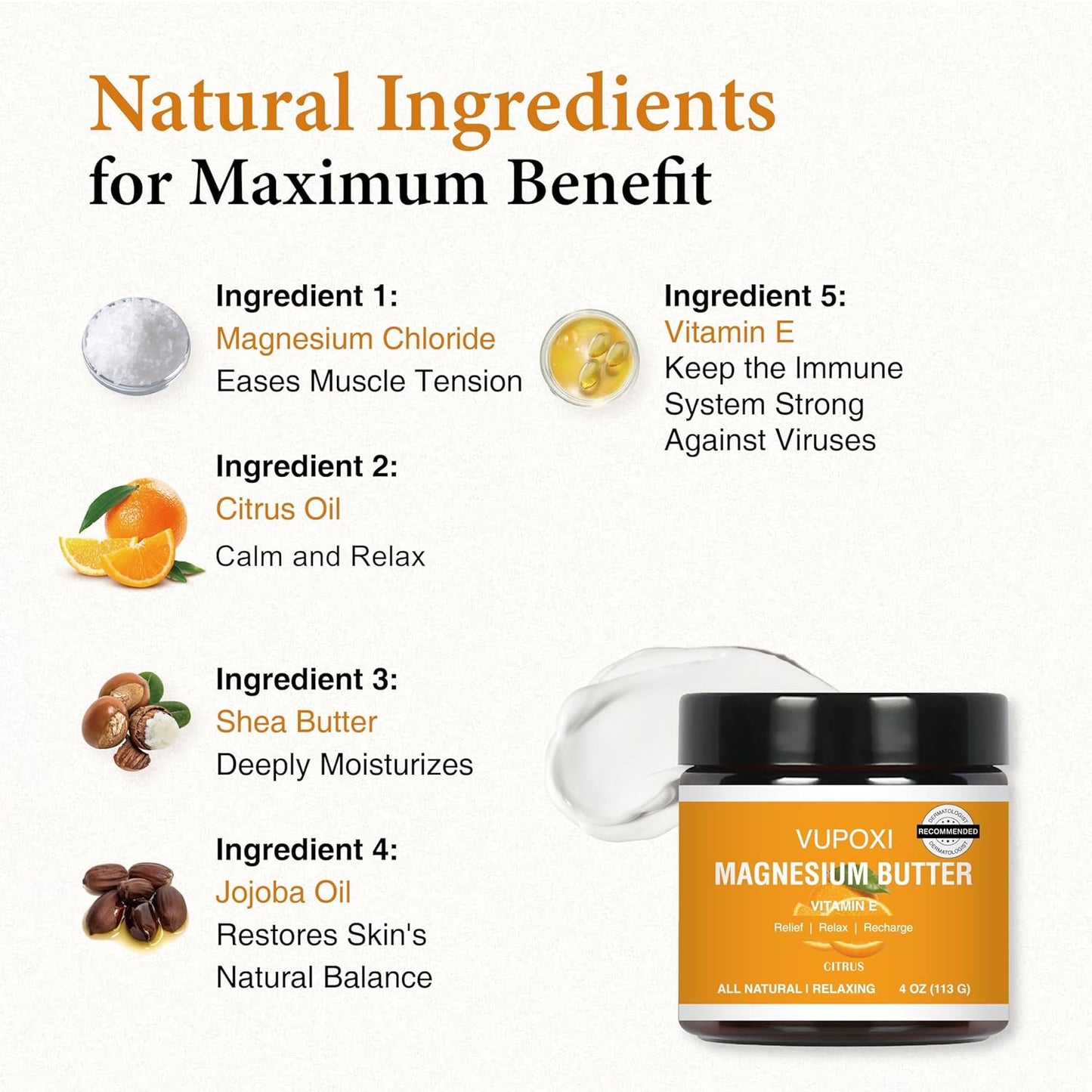 Magnesium Cream for Sleep & Muscle Relief - Soothing Topical Lotion with Vitamin E & Shea Butter | 4 fl oz, Citrus Scent