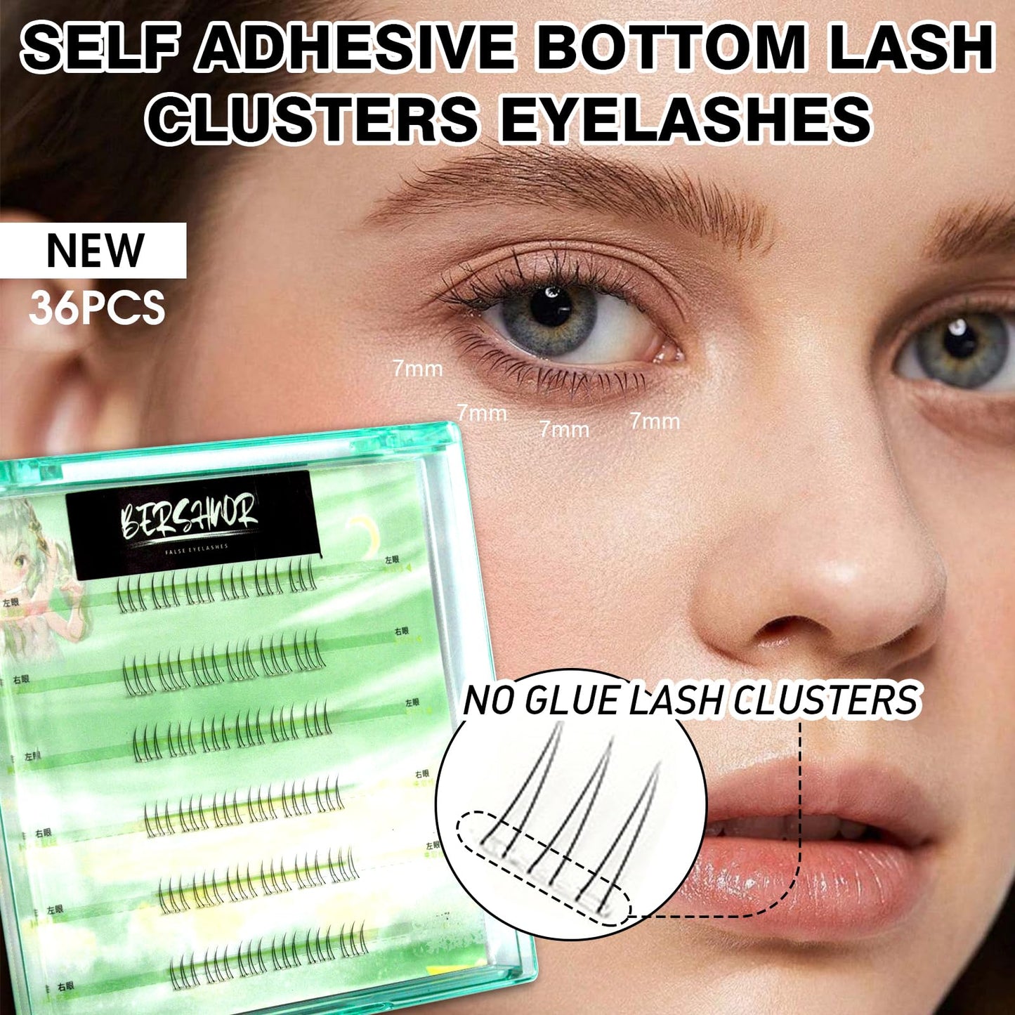 BERSHNOR Bottom Lashes Clusters Self Adhesive Bottom Eyelashes Natural Looking Lower Lashes DIY Glue-Free Individual Lashes Bottom Extensions