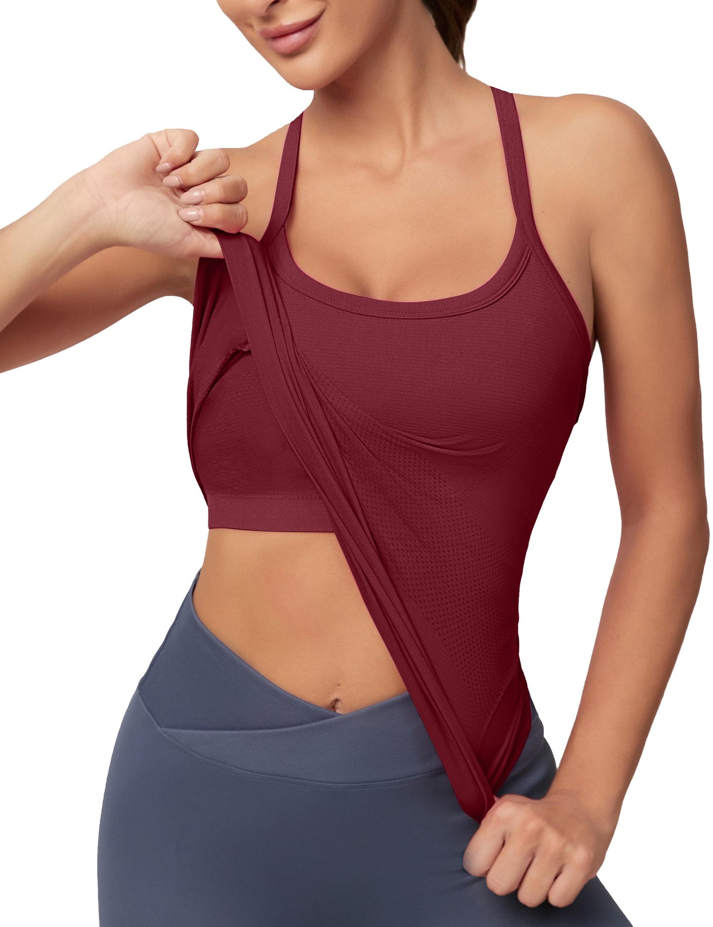 MathCat Workout Tank Tops for Women with Built in Bra, Sleeveless Gym Tops Seamless Racerback Athletic Yoga Shirts Burgundy