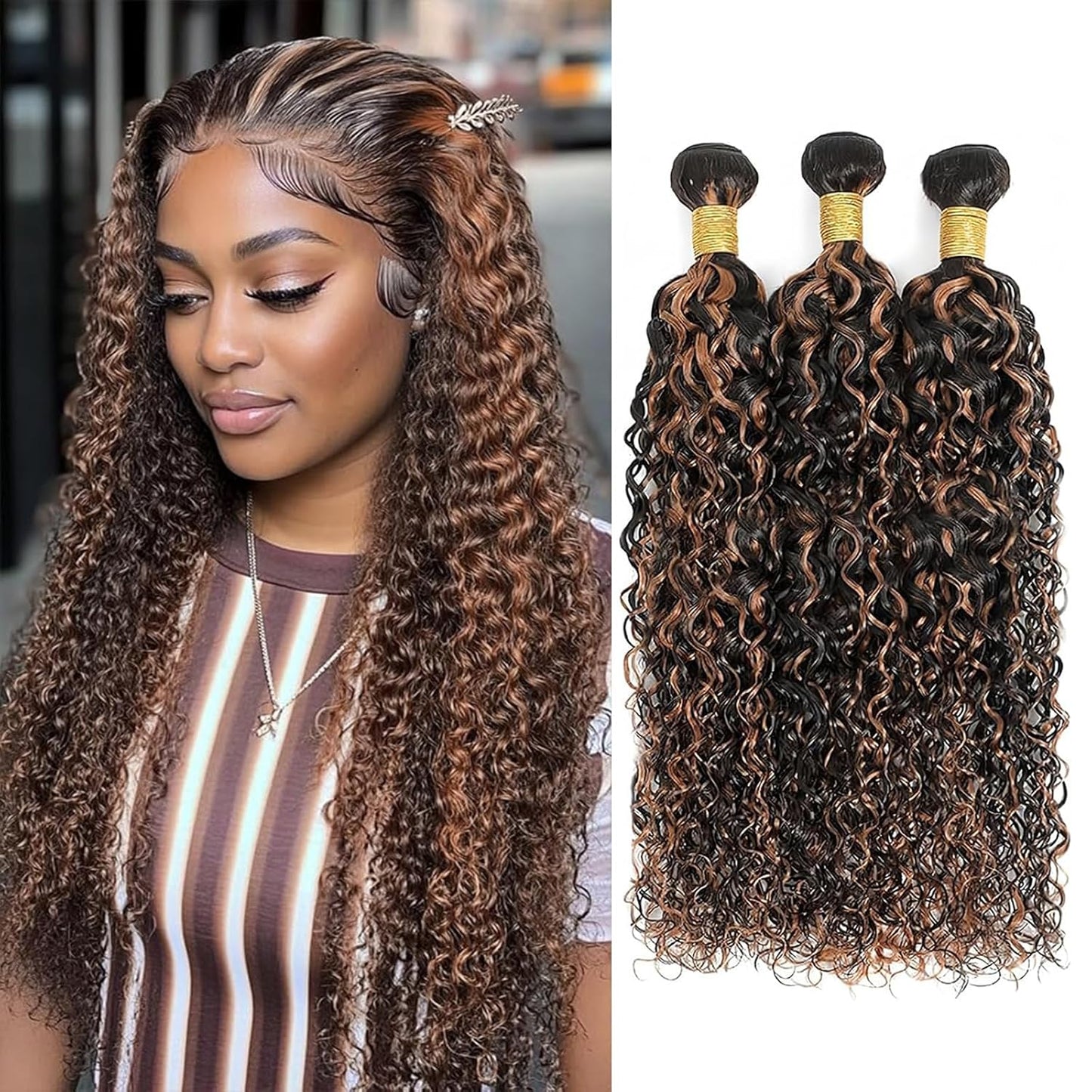 Kinky Curly Human Hair Bundles - Highlight Brown Two Tone | 26" 28" 30" Brazilian Remy Extensions