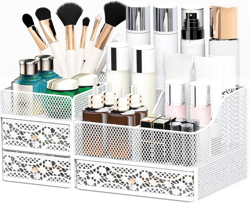 Lamesa Makeup Organizer - Large Metal Vanity Storage for Cosmetics & Skincare | White