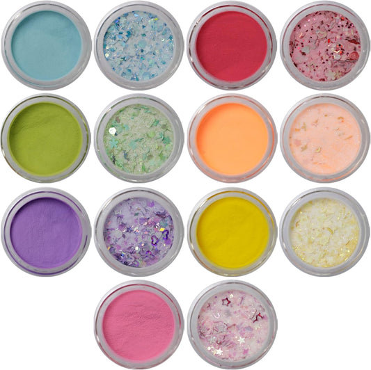 Acrylic Powder Set - 14 Colors Glitter Nail Sequins & Holographic Shapes for Professional Nail Art