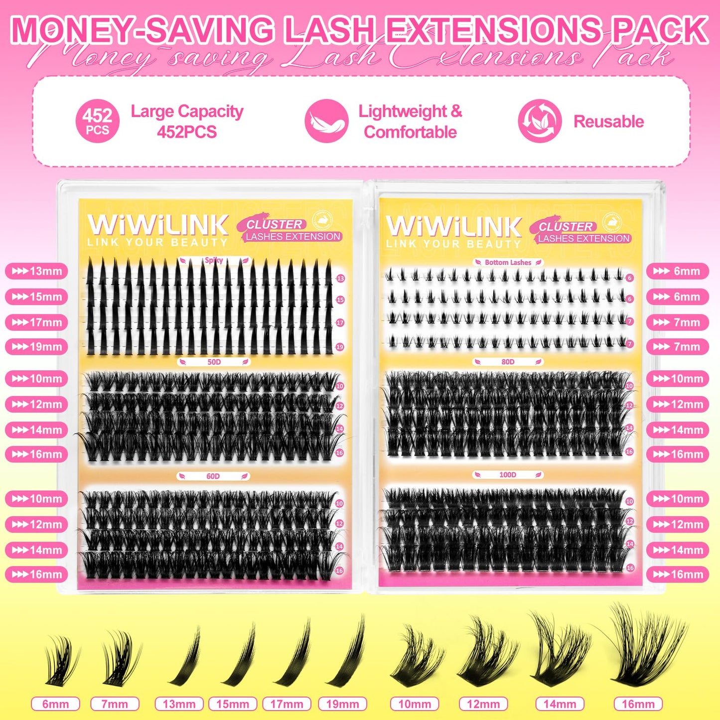 WiWiLINK Fluffy Lash Clusters Kit Wispy 452Pcs Eyelash Clusters with Spikes 50D 60D 80D 100D Manga Cluster Eyelash Extensions Kit Volume Lash Extension 10-16mm False Eyelashes Kit