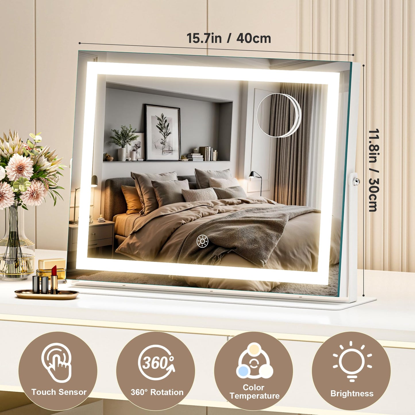 MINISO Vanity Mirror with Lights-11.4" x 13.8" LED Makeup Mirror, 3 Color Modes Touch Control and Brightness Adjustment Lighting Mirror, 10X Magnifying Glass, 360° Rotation