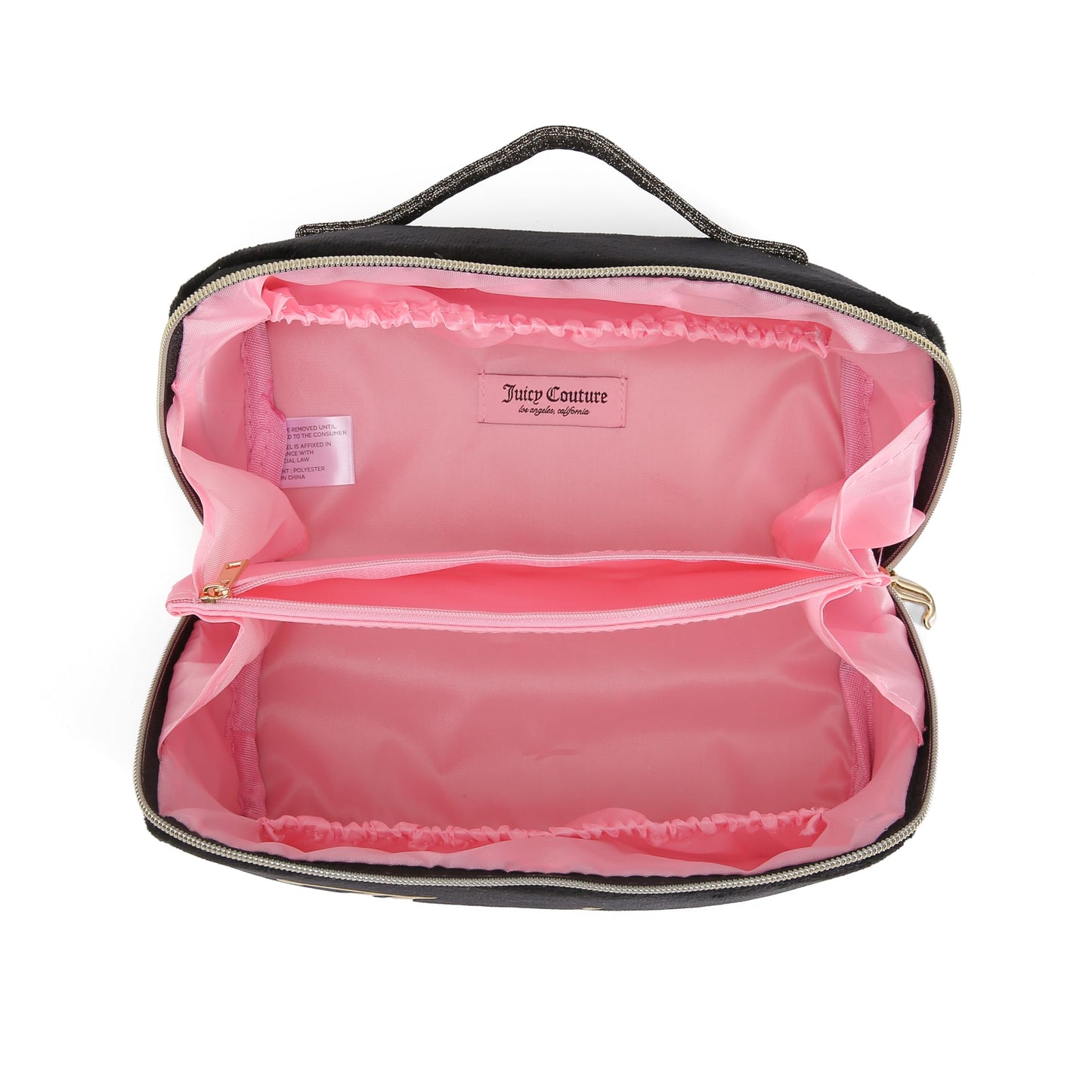 Juicy Couture Black Makeup Bag Cosmetics Organizer Travel Essentials Diagonal Loaf Velour Large Logo