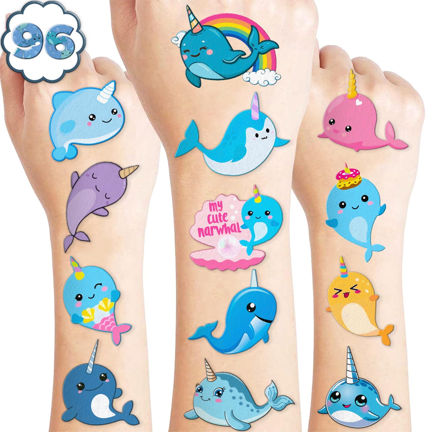 107 PCS Cute Narwhal Temporary Tattoos Themed Birthday Party Supplies Decorations Favors Decor Under The Sea Baby Tattoo Stickers Gifts For Boys Girls Class Prizes Carnival