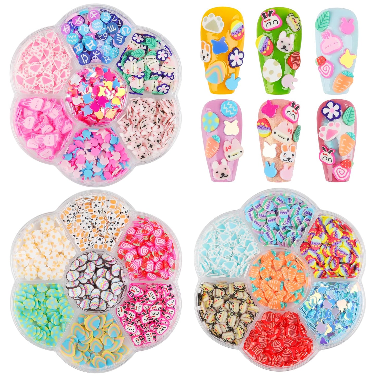Easter Nail Art Sequins, Kalolary 3D Rabbits, Carrots, Eggs, Chicks, Flowers Shape Polymer Clay Slices for Acrylic Nails Design Easter Party Decor（3 Boxes）