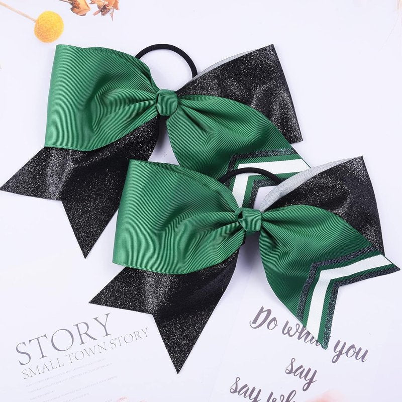 Large Glitter Cheer Bows - 8PCS Two-Toned Shiny Hair Accessories for Cheerleaders | Black/Green