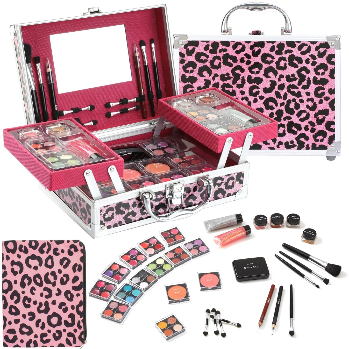 Anpro All-In-One Leopord Double Folding Makeup Kit with Case, Pro Teen Makeup Set, Full Starter Kit with Makeup Brushes, Lipsticks, Eyeshadow Palette, Blushes, Glitter Gel, Ideal Present for Girls