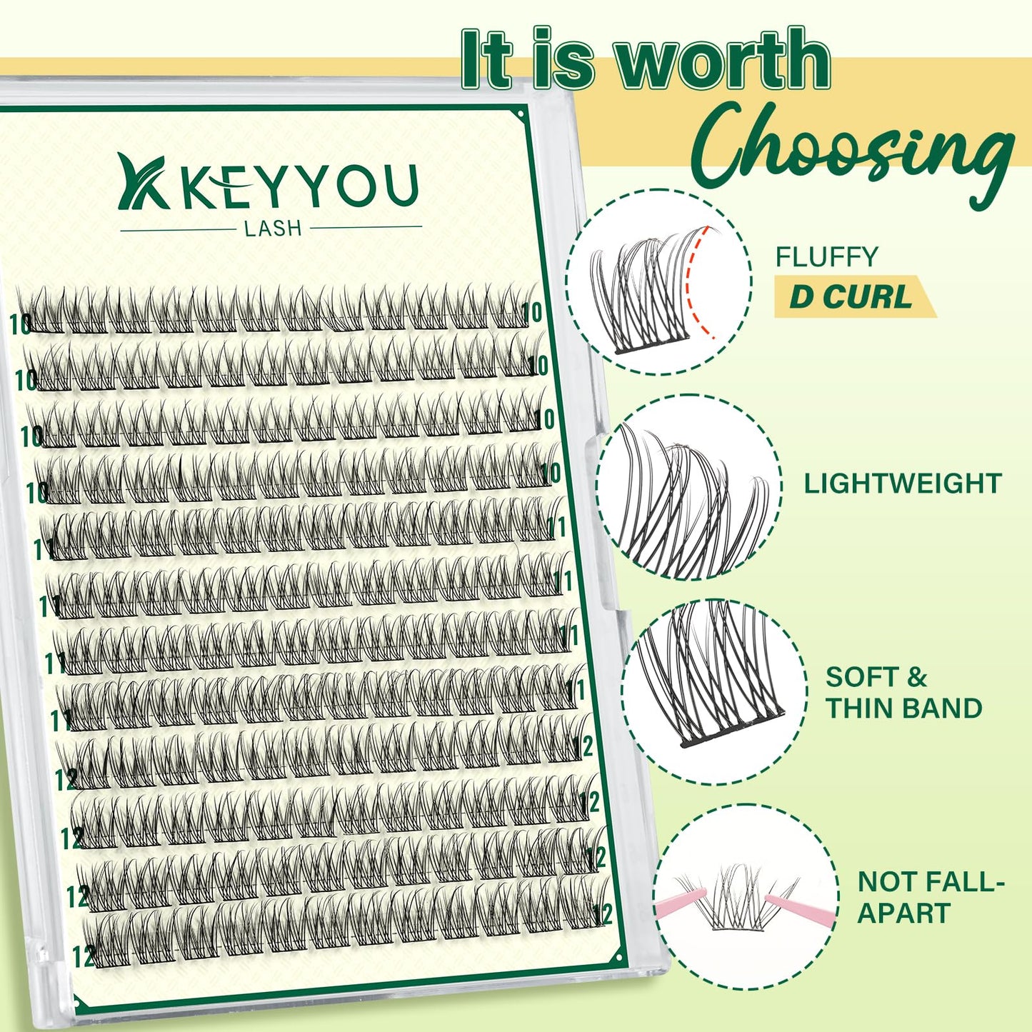 KEYYOULASH Lash Clusters Manga Lash Extension D Curl 144pcs 10-12mm Wispy Eyelash Clusters Natural Volume Eyelash Extensions Individual Lashes DIY at Home(KY10,D-10-12MIX)