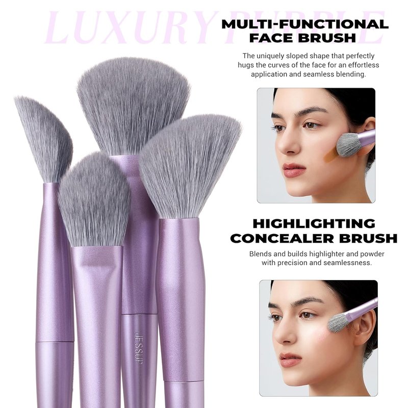 Premium Synthetic Makeup Brushes Set - 5-Piece Face Brushes for Foundation, Contour, Blush & Highlighter | Luxury Purple T514