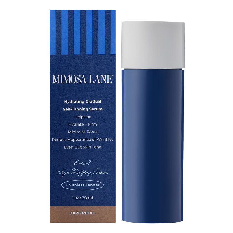 REFILL - Mimosa Lane 8-in-1 Age Defying Serum, Hydrating Gradual Self-Tanning for Face, with Anti-Aging Hyaluronic Acid and Vitamin B, C, E, Sunless Tanner, Fragrance-Free, Vegan, 1 oz, Dark
