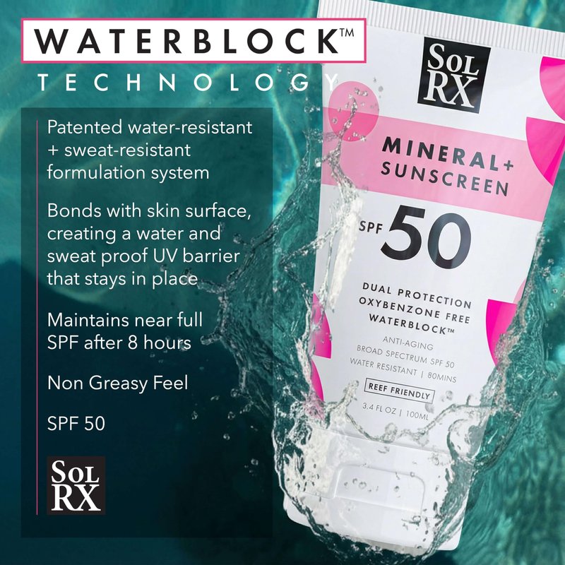 SolRX MINERAL+ SPF 50 Mineral Sunscreen with Zinc Oxide – Reef Safe, Broad Spectrum UVA/UVB Protection, Water Resistant Sunblock for Face & Body