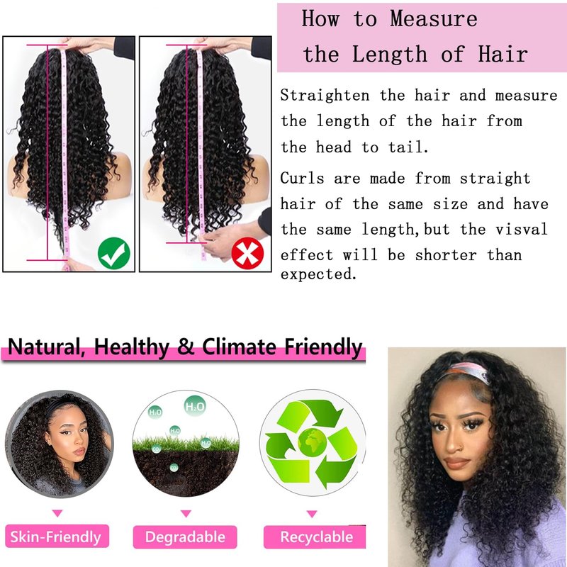 Semicaopㅤ Headband Wig Human Hair Curly Wigs for Black Women 14 inch Wigs Human Hair Glueless Wear and Go None Lace Front Wig Headband Wigs Machine Made 150% Density Natural Color