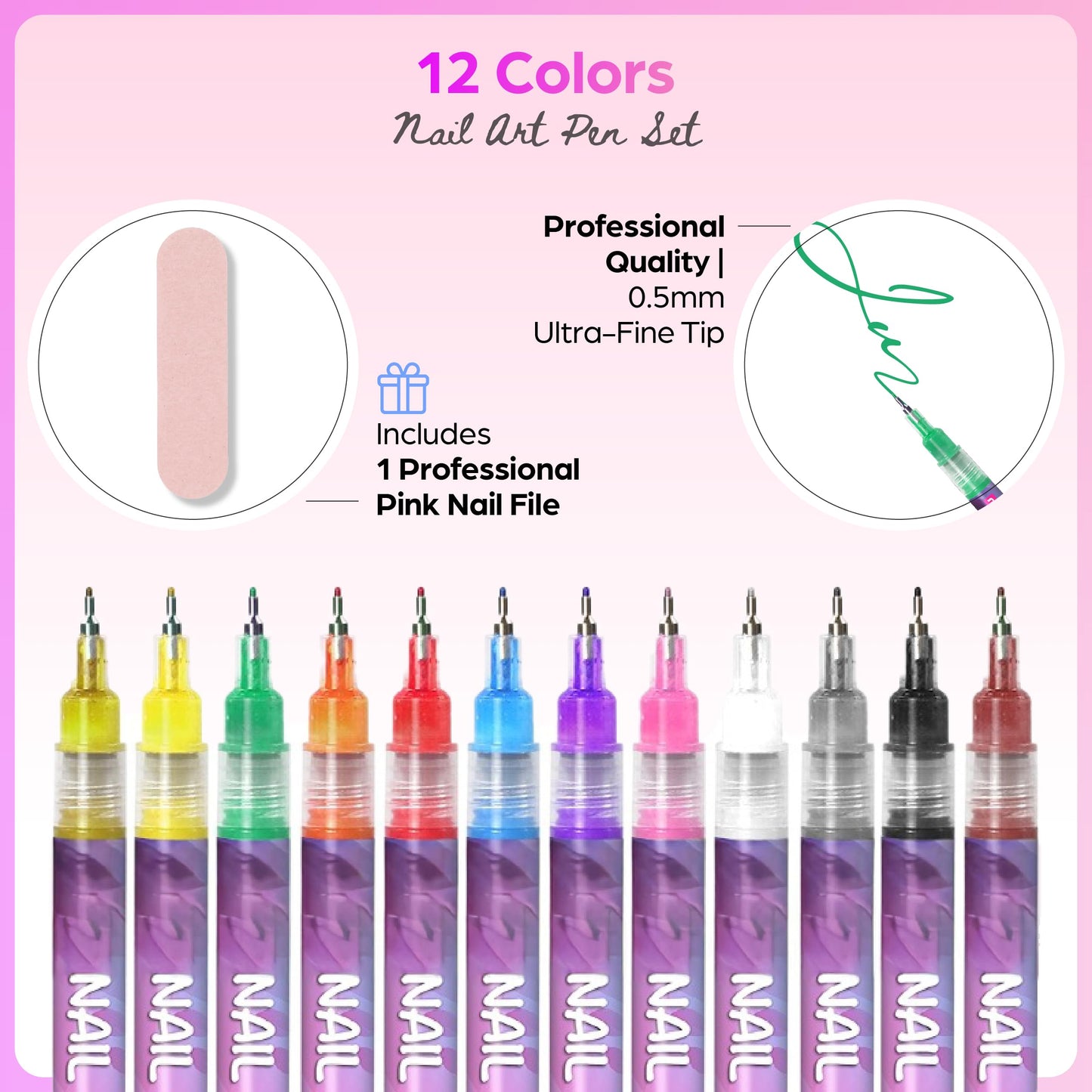Nail Art Pen Set, 12 Colors – 0.5mm Quick-Dry Nail Painting Markers with Nail File Included for DIY Manicure