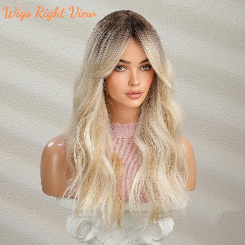 Wavy Blonde Wig with Bangs - Ombre Curtain Bangs, Long Ash Blonde Hair | Heat-Resistant Synthetic Wig for Halloween & Cosplay