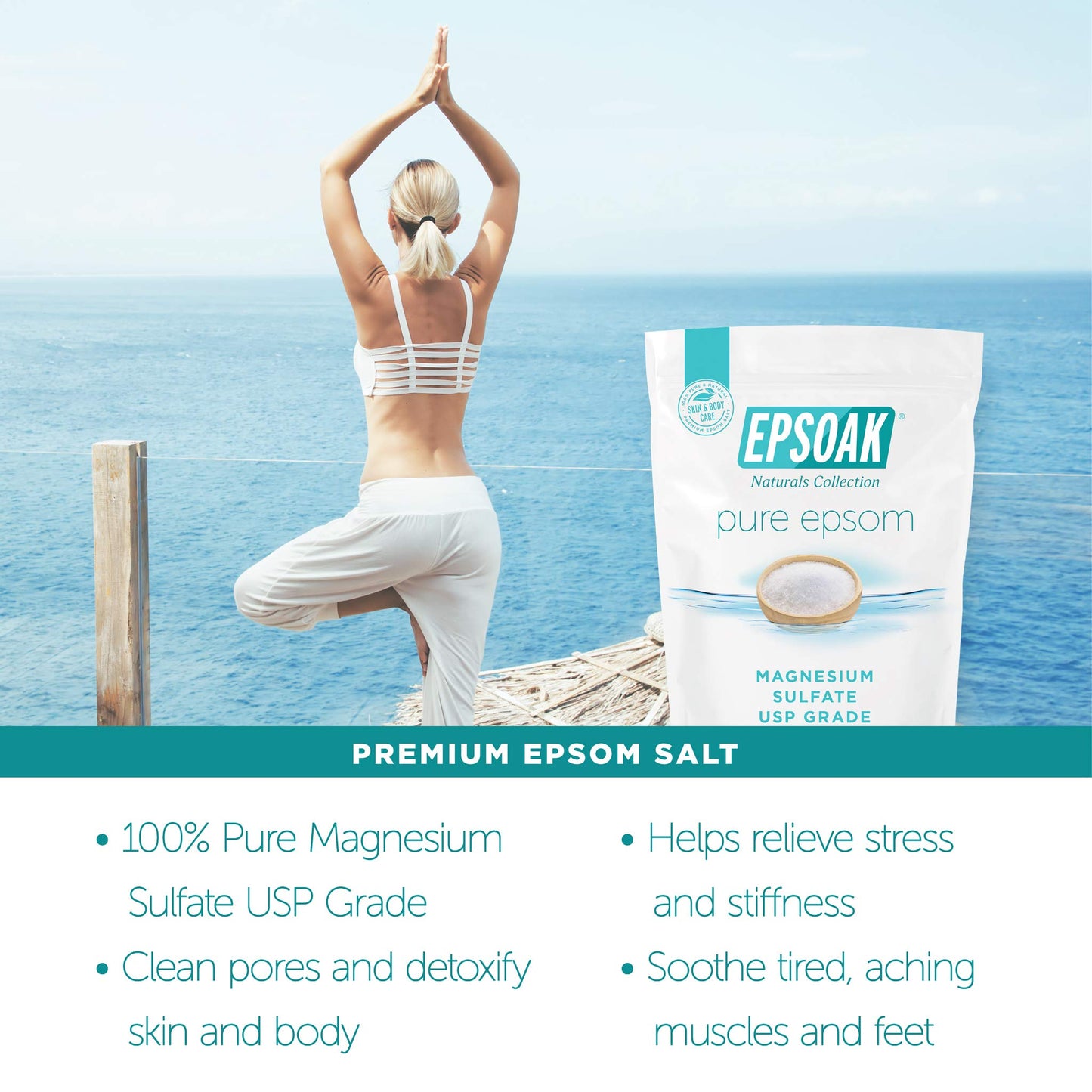 Epsoak Epsom Salt 12 lb. Magnesium Sulfate USP. (Qty. 6 x 2 lb. Bags) Resealable Epsom Salt Bag Unscented, Made in The USA, Cruelty-Free Certified
