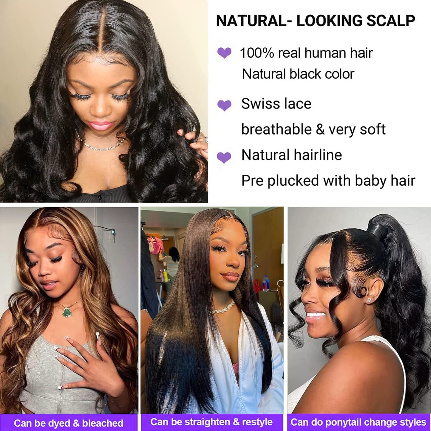Lace Front Wigs for Black Women - Body Wave 24 Inch Glueless Lace Frontal Wigs - Pre Plucked with Baby Hair - Brazilian Virgin Human Hair - 180% Density - Natural Color