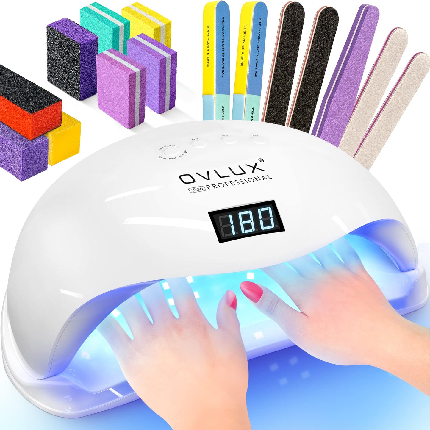 OVLUX 180W UV LED Nail Lamp Professional – Fast Gel Nail Dryer with 57 LEDs, LCD Countdown, Auto Sensor & Low Heat Mode, UV Light for Gel Nails, Salon & Home, Nail Buffer & File Set