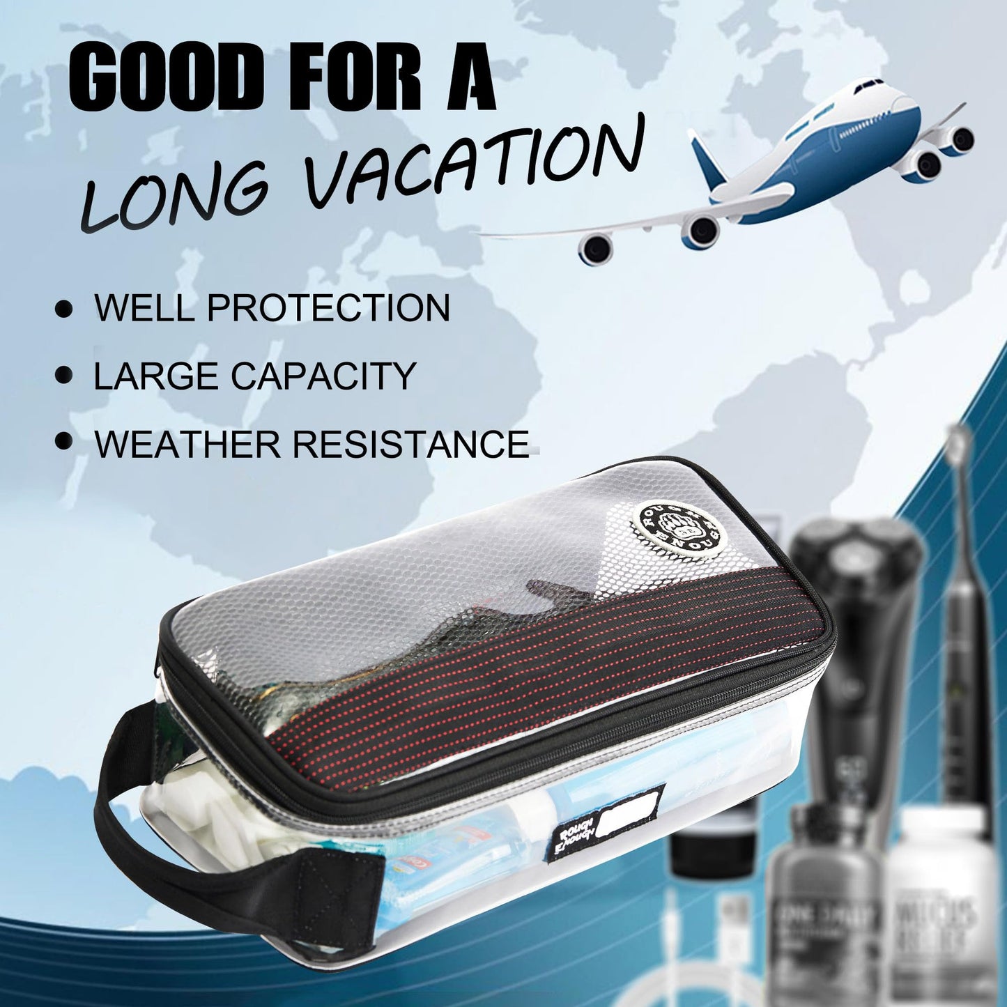 Rough Enough Clear Toiletry Bag for Traveling Men Shaving Kit Medicine Case Pouch Organizer Large for Toiletries Accessories