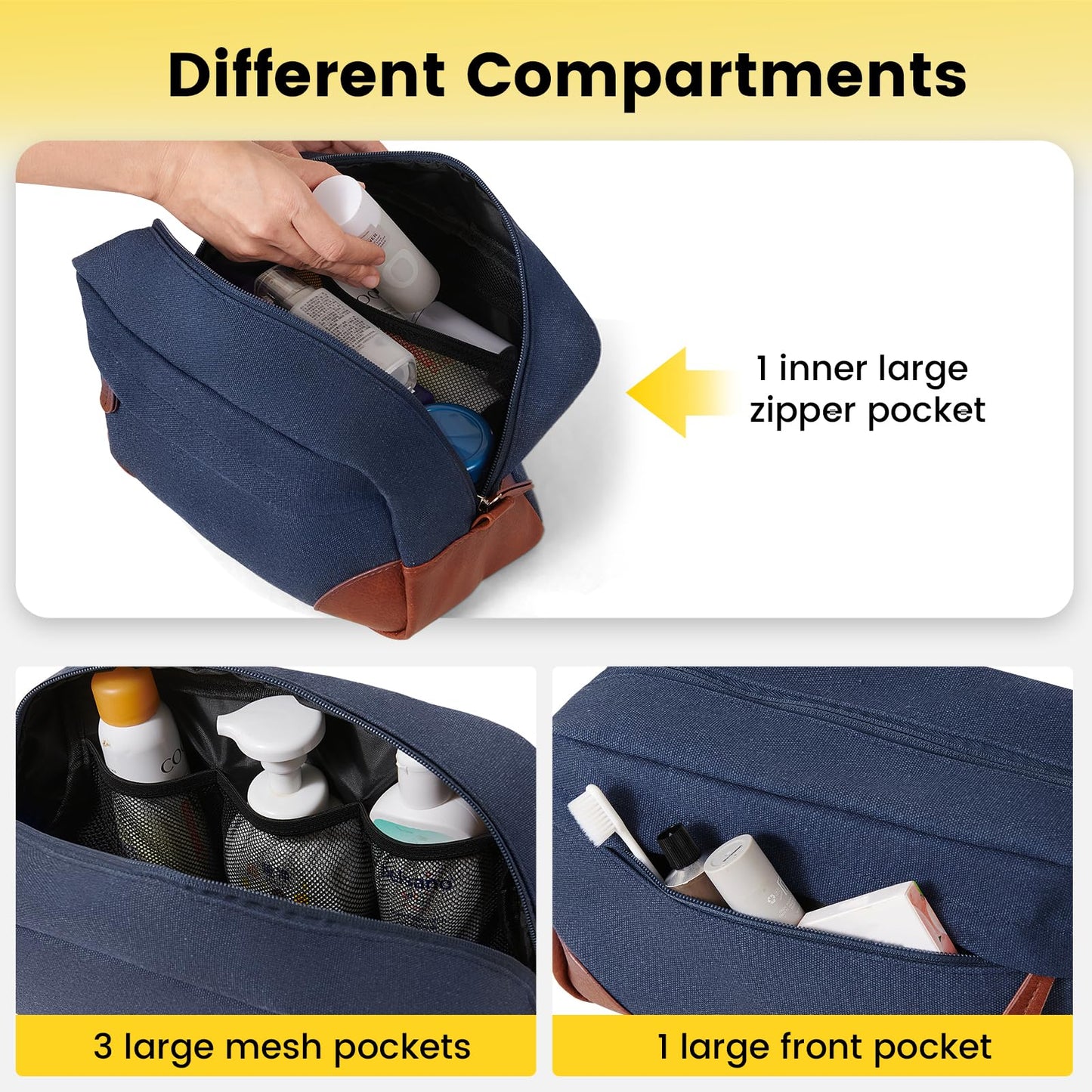 Vorspack Large Travel Toiletry Bag - Hanging Toiletry Bag for Men Water Resistant Canvas Shaving Bag with Large Capacity for Home Travel - Navy Blue