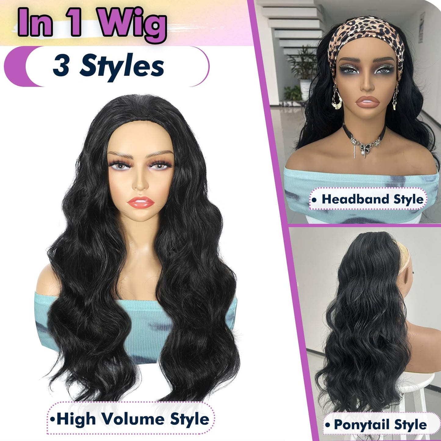 DEYNGS Synthetic Half Wig, Long Water Wave 3 In 1 Black Half Wigs For Black Women, Seamless Flip Over Glueless Beginner Friendly Deep Wavy Curly Wigs Drawstring Headband Wig for Daily Use