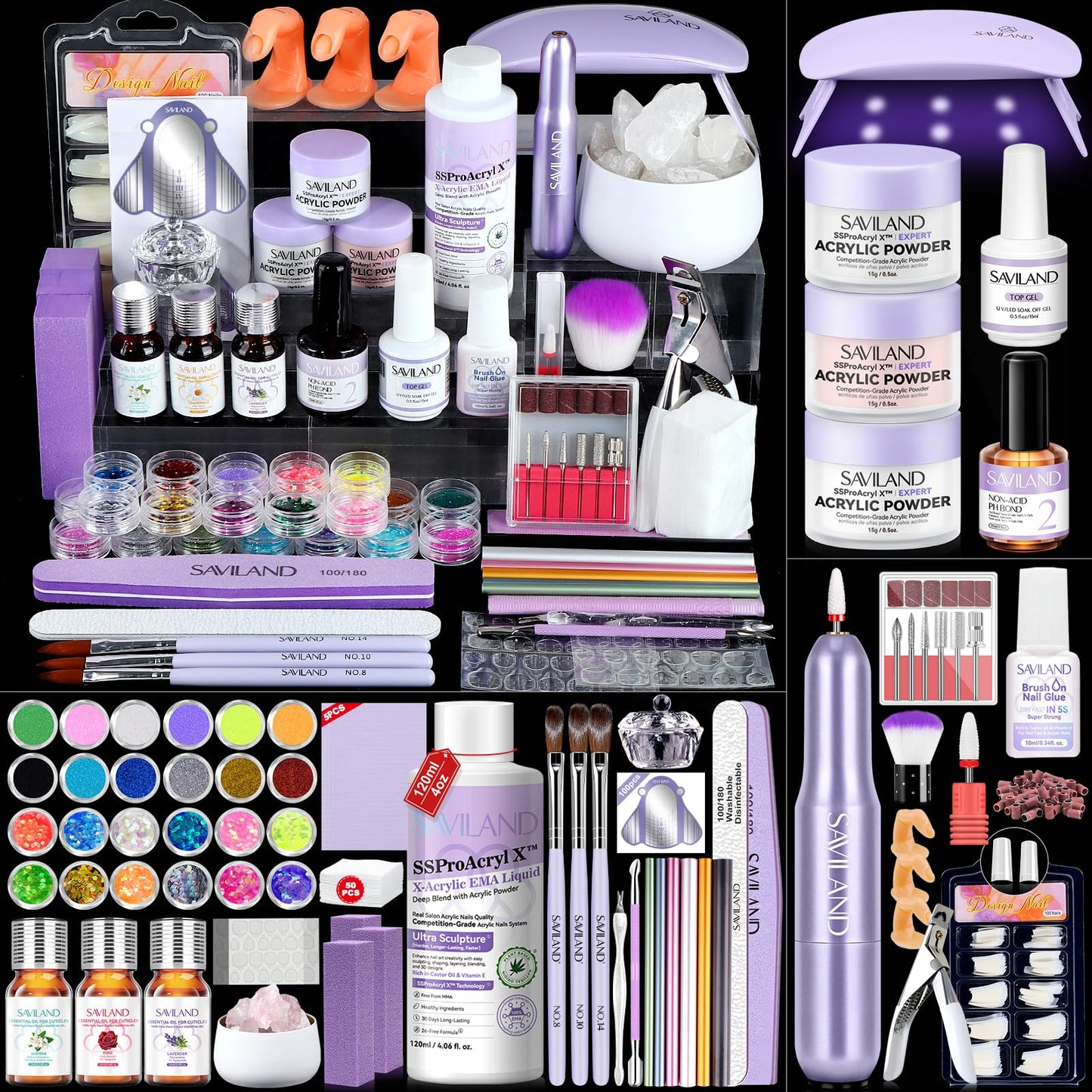 Saviland Acrylic Nail Kit with Drill and U V Light – Clear White Pink Acrylic Powder Black Red White Gel Nail Polish Nail Tools for Nail Art Gel Nails DIY