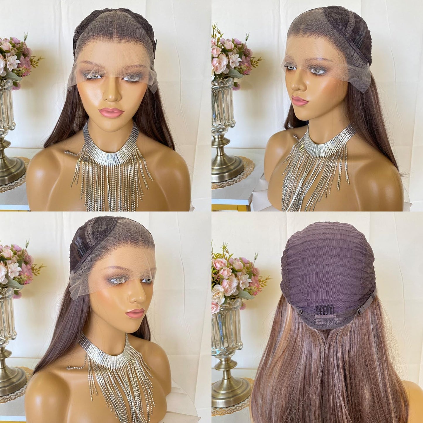 CIMITIKI Ash Brown Wigs Mixed Platinum Color Highlight Silk Straight 13x4 Lace Front Wig Synthetic Fiber 18Inch Pre Plucked Hairline for Women