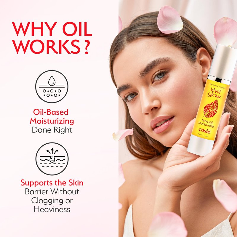 Kiwi Glow Rosie Vegan Face Oil – Fast-Absorbing Anti-Aging Glow Serum for Balanced Radiant Skin – Plant-Based Rose Clary Sage Sesame – Cruelty-Free USA Made – 1.7 oz