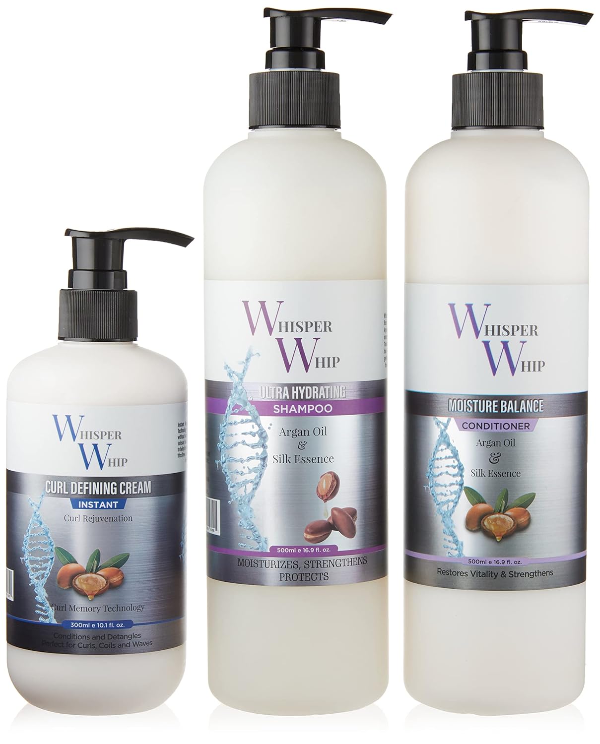 Whisper Whip Combo Set - Ultra Hydrating Shampoo, Moisture Balance Conditioner & Curl Defining Cream for All Hair Types