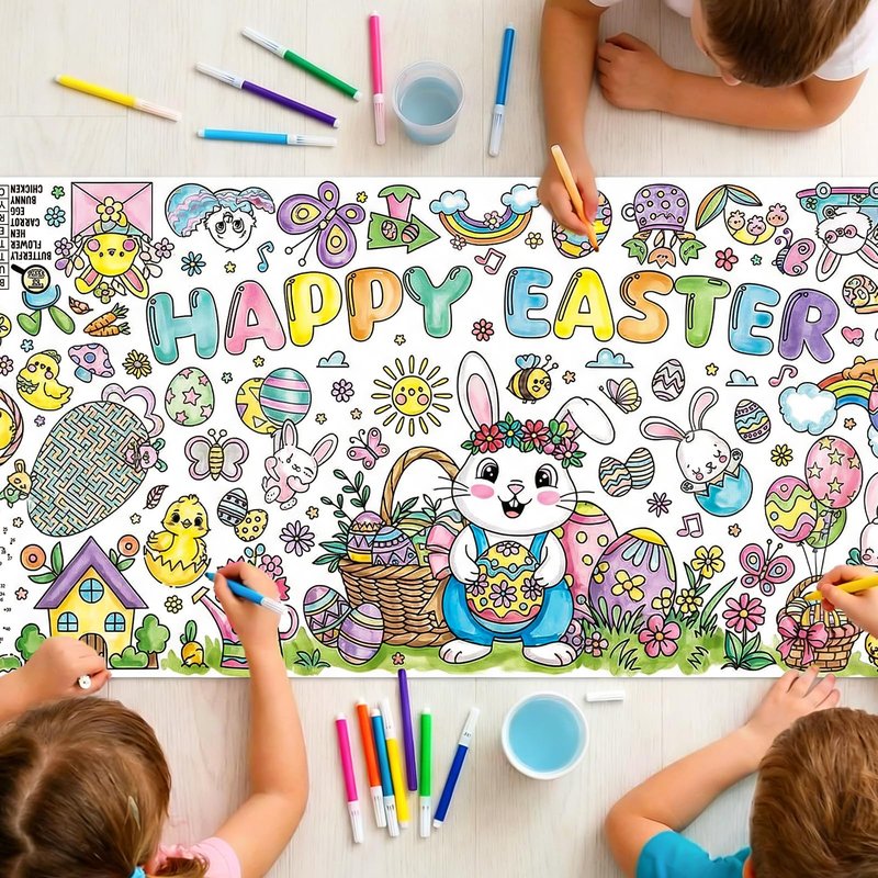Easter Giant Coloring Poster/Tablecloth, 30 x 72 Inch Jumbo Craft for Kids Art Crafts Paper Banner Kids Games Activities,Coloring Tablecloth Crafts for Easter Classroom Wall School Home Parties