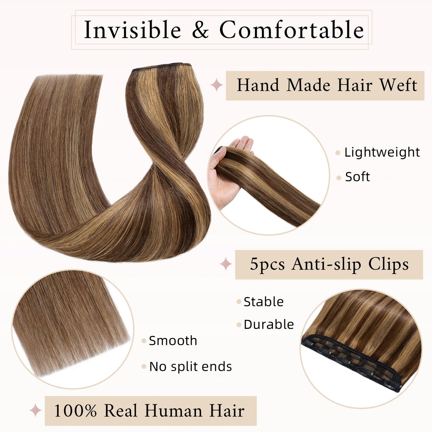 SEGO One Piece Clip in Extensions, 5 Clips Real Human Hair Extensions, Long Straight, 10 inches, #4P27 Medium Brown Mix Dark Blonde