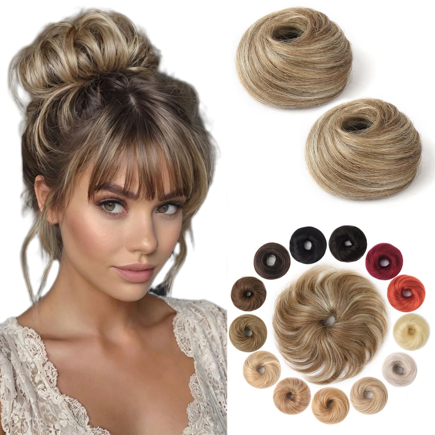 KISANOF Messy Bun Hair Piece Human Hair Honey Brown Highlighted Bleach Blonde UElegant Chignon with Elastic Rubber Band(2 Count #P6-613 Honey Brown Highlighted Bleach Blonde