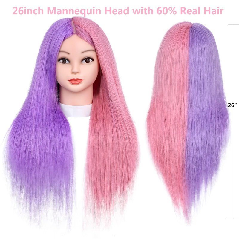 Mannequin Head with 60% Real Human Hair, Beauty star 26" Cosmetology Manikin Head, Doll Head for Hair Styling to Practice on, Hairdressing Training Braiding Heads with Clamp Stand Holder Kit