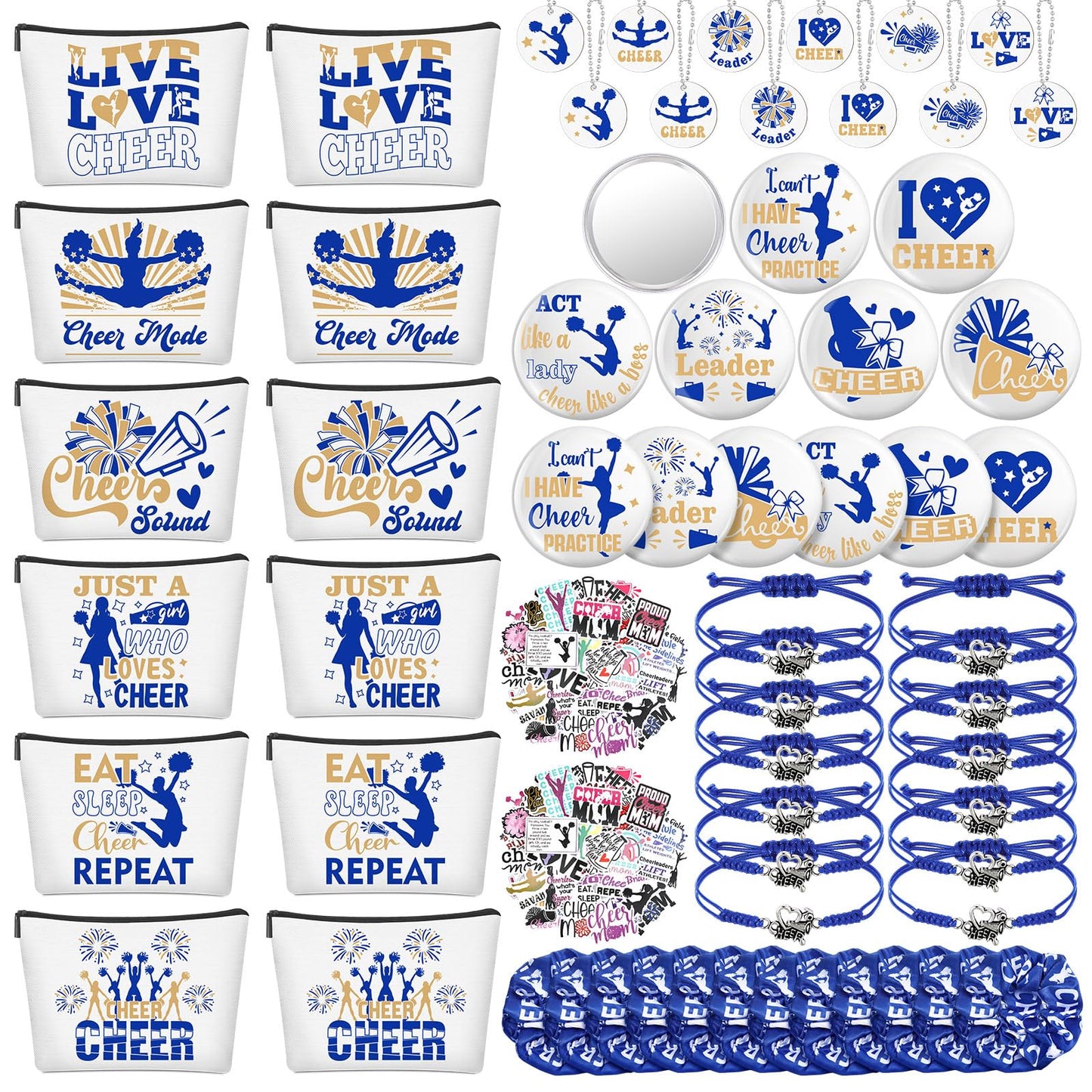 Lyrow 160 Pcs Cheerleader Gifts Bulk for Team Back to School Gift Cheer Scrunchies Hair Ties Makeup Bag Cheer Mirror Bracelet Keychain Sticker for Cheerleader Gift(Blue)