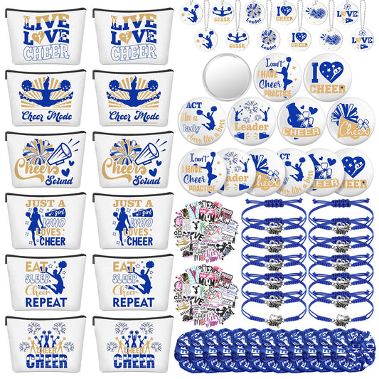 Lyrow 160 Pcs Cheerleader Gifts Bulk for Team Back to School Gift Cheer Scrunchies Hair Ties Makeup Bag Cheer Mirror Bracelet Keychain Sticker for Cheerleader Gift(Blue)