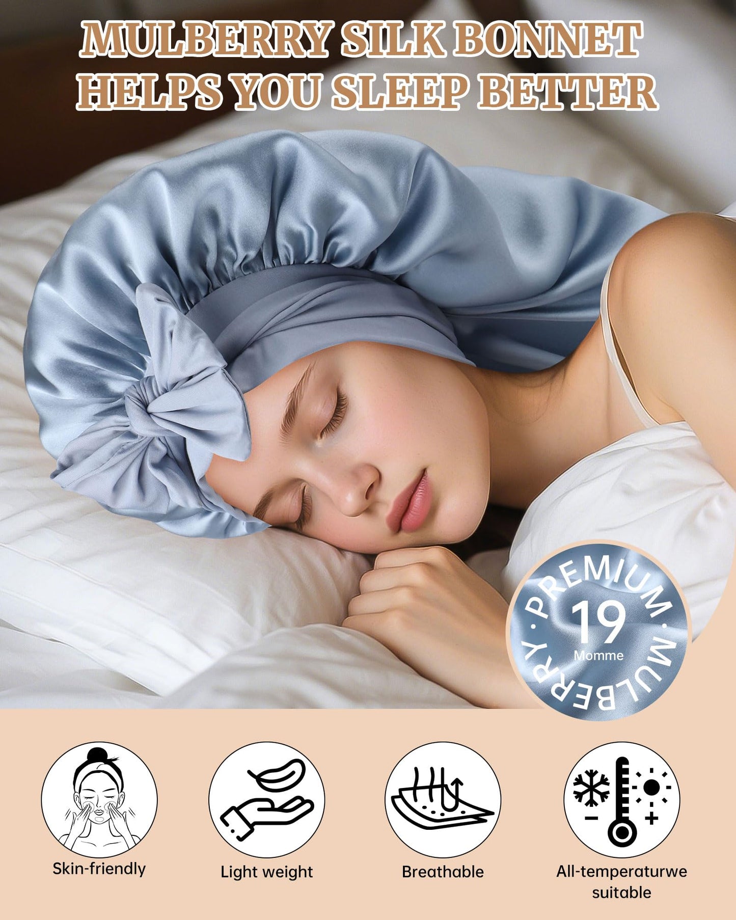AWAYTR 100% Mulberry Silk Bonnet for Long Hair Sleeping Women Kids