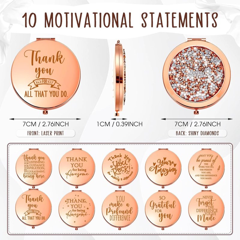 Inspirational Compact Mirror - 10 Pcs Thank You Gifts for Women | Portable Round Makeup Mirror in Rose Gold