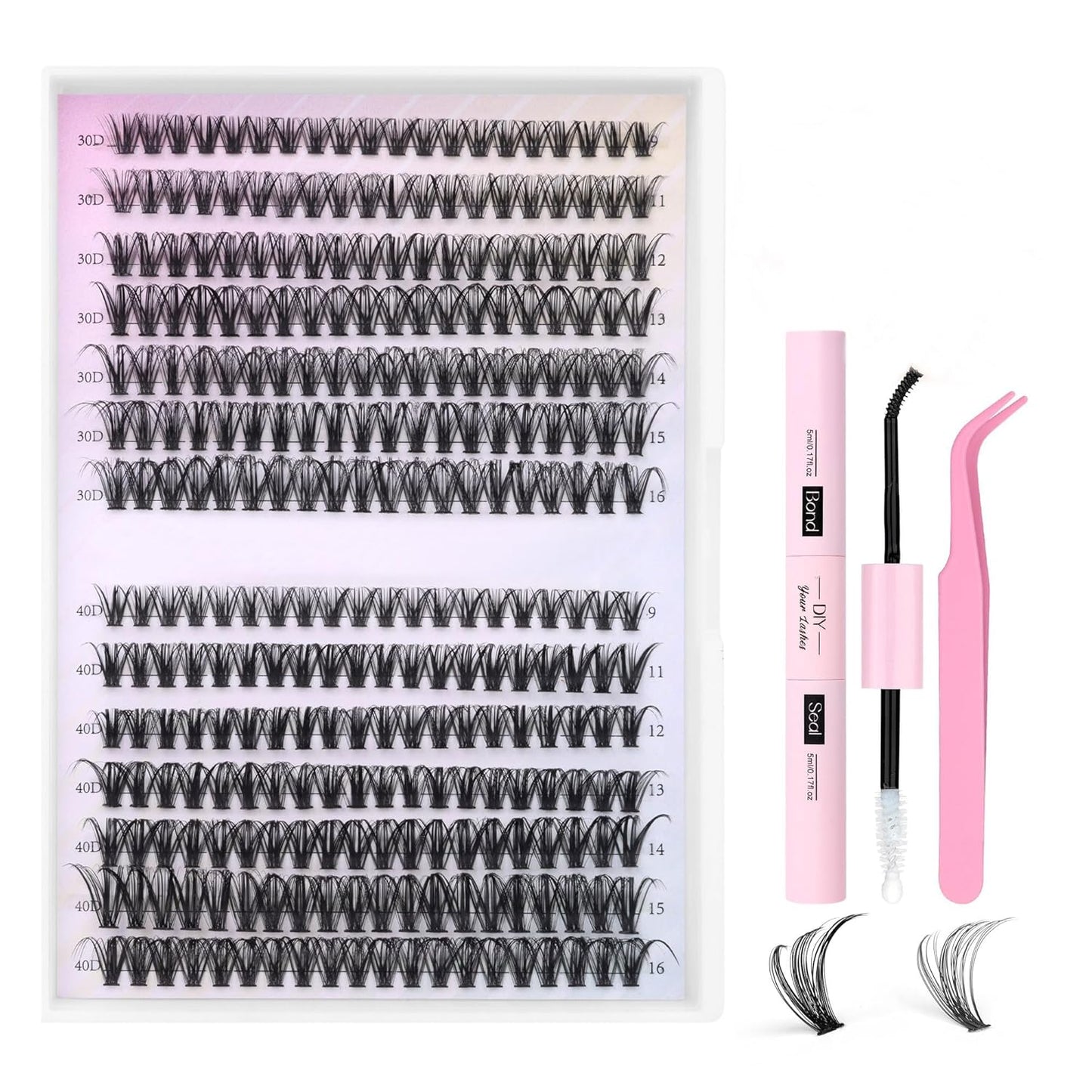Eyelash Extension Kit - 280pcs Individual Cluster Lashes | 9-16mm with Bond & Seal